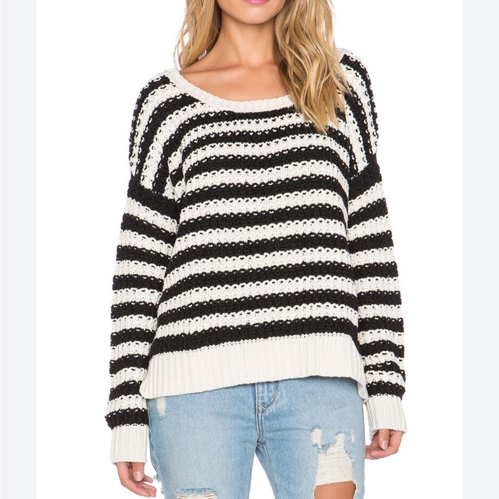 FREE PEOPLE AT THE BEACH LONG SLEEVE PULLOVER SWEATER IVORY BLACK Sz XS